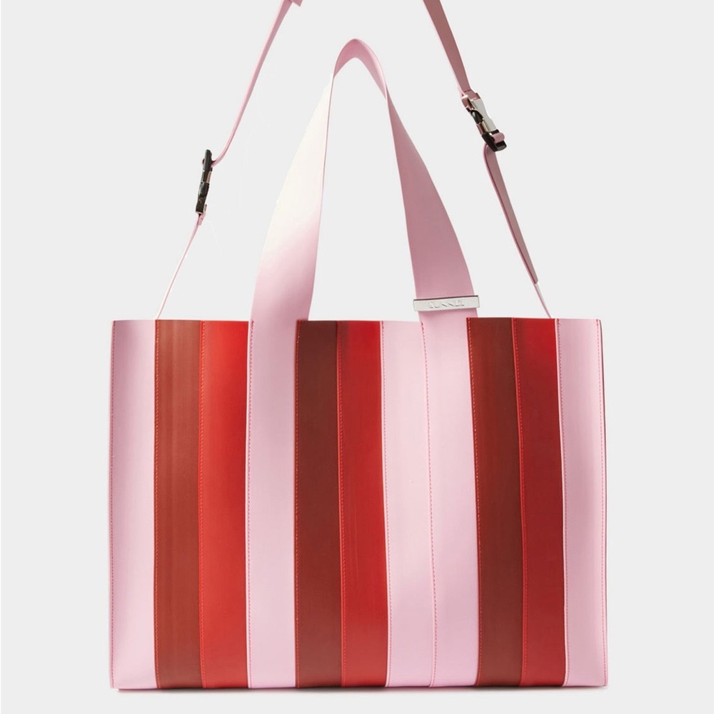 Striped Pink & Red Leather Tote Bag